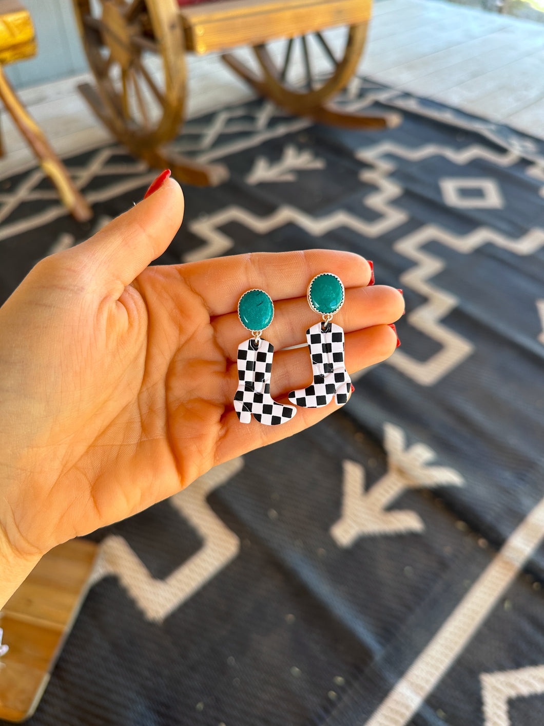 Turquoise & Checkered Boot Earrings- #1